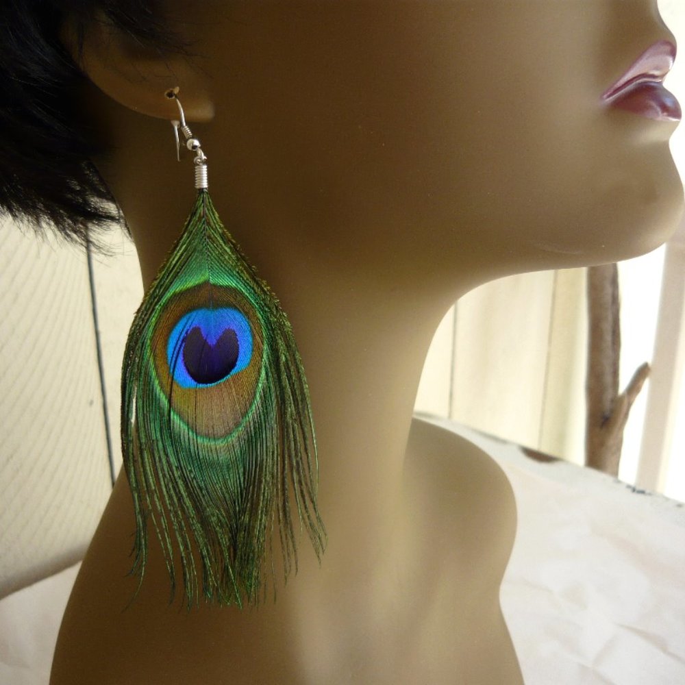 NEW LONG REAL PEACOCK PIERCED EARRINGS